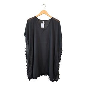 West Loop‎ Black Sheer Pom Pom Trim Swim Cover Up OSFM NWT Beach Kaftan